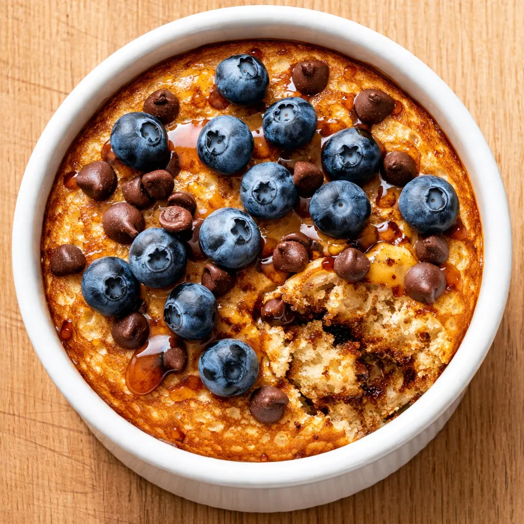 Golden brown baked protein pancake bowls topped with fresh berries and a drizzle of maple syrup, showing a fluffy interior and creamy texture.