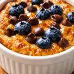 Golden brown baked protein pancake bowls topped with fresh berries and a drizzle of maple syrup, fluffy and dessert-like texture.