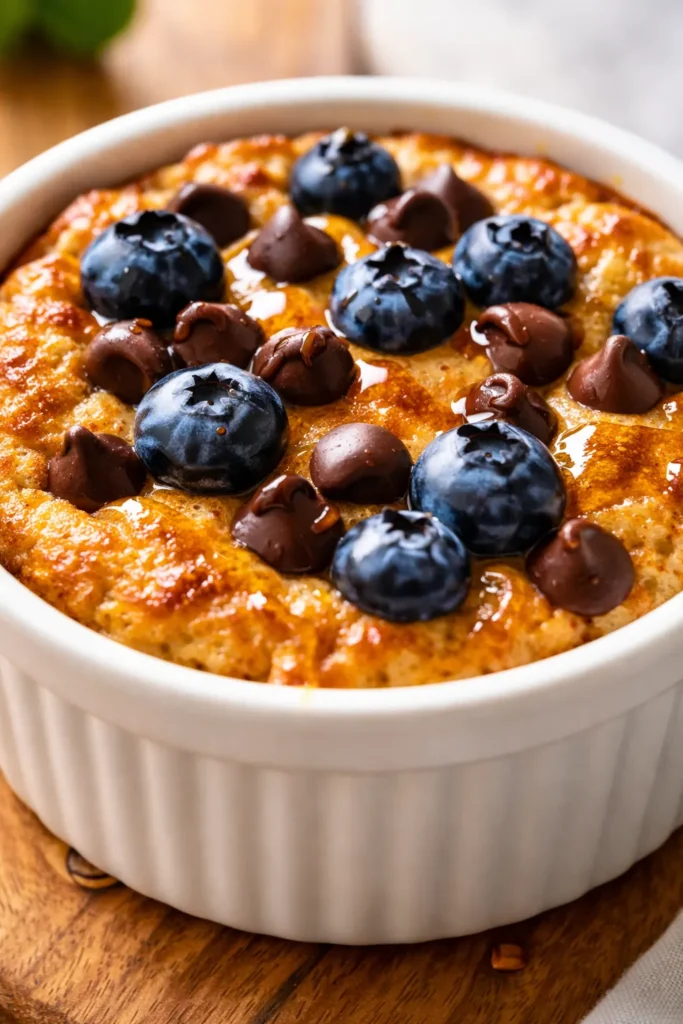 Golden brown baked protein pancake bowls topped with fresh berries and a drizzle of maple syrup, fluffy and dessert-like texture.