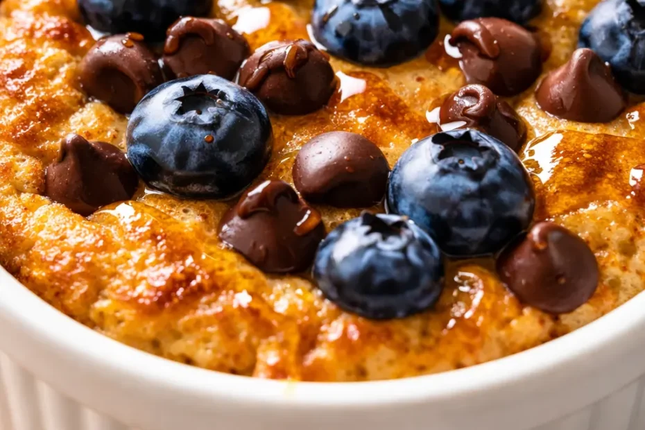 Golden brown baked protein pancake bowls topped with fresh berries and a drizzle of maple syrup, fluffy and dessert-like texture.