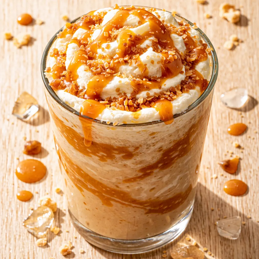 Thick Caramel Ribbon Crunch Frappuccino blending to creamy perfection with caramel drizzle and crunchy pieces.