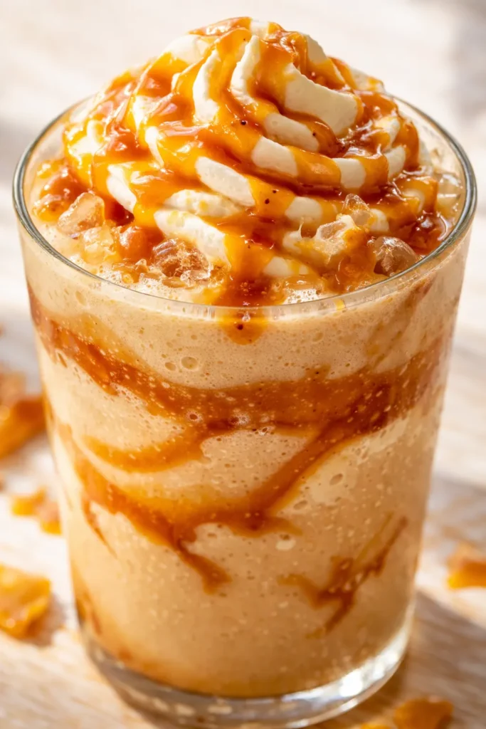 Tall glass of thick caramel ribbon crunch frappuccino topped with whipped cream, caramel drizzle, and golden crunch pieces.