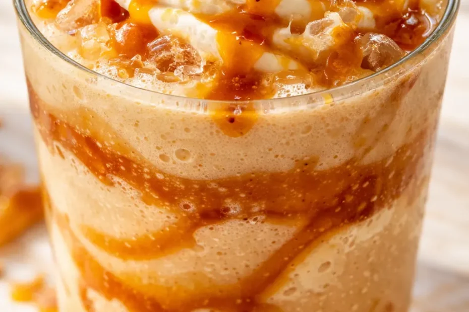 Tall glass of thick caramel ribbon crunch frappuccino topped with whipped cream, caramel drizzle, and golden crunch pieces.