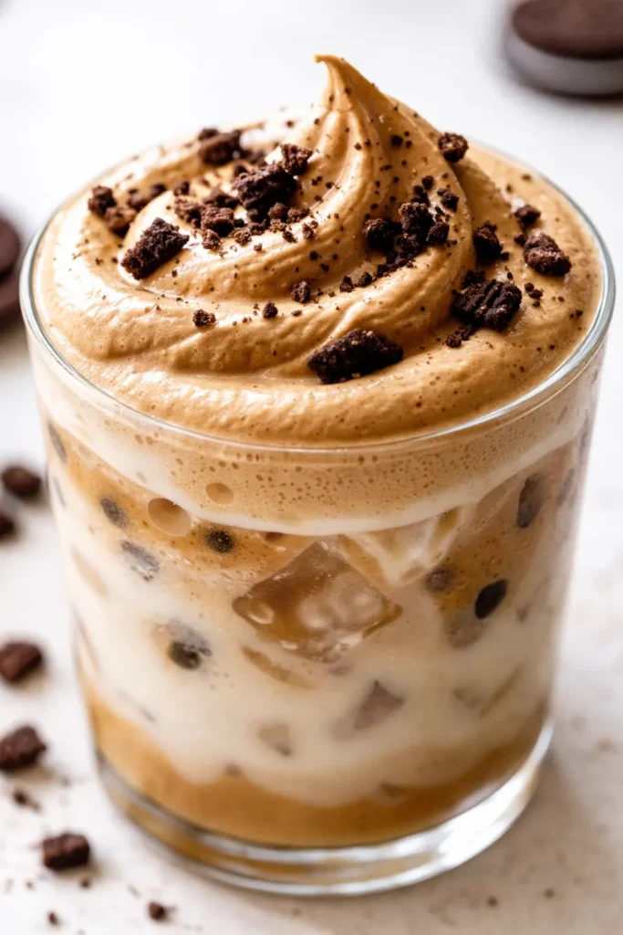 Fluffy Oreo coffee with a thick layer of whipped cream and crushed Oreo cookies, served in a transparent glass.