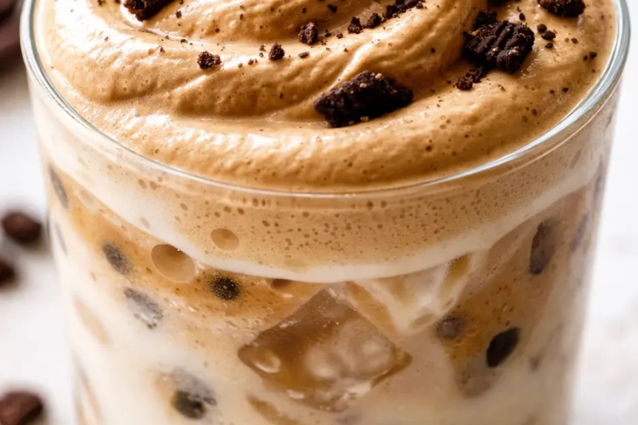 Fluffy Oreo coffee with a thick layer of whipped cream and crushed Oreo cookies, served in a transparent glass.