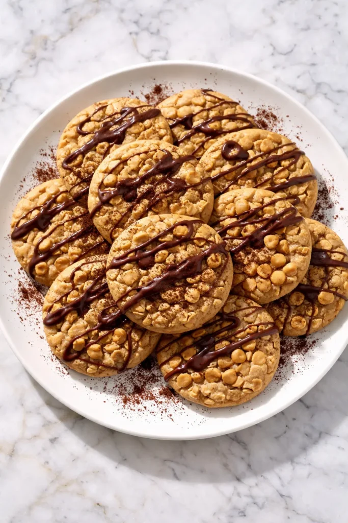 Fudgy chocolate peanut butter chip cookies stacked on a cooling rack, with crackly tops and melted peanut butter chips visible
