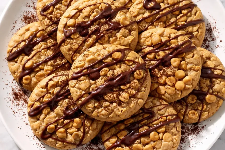 Fudgy chocolate peanut butter chip cookies stacked on a cooling rack, with crackly tops and melted peanut butter chips visible