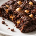 Fudgy chocolate cookies packed with peanut butter chips, showing a glossy top and soft, dense crumb