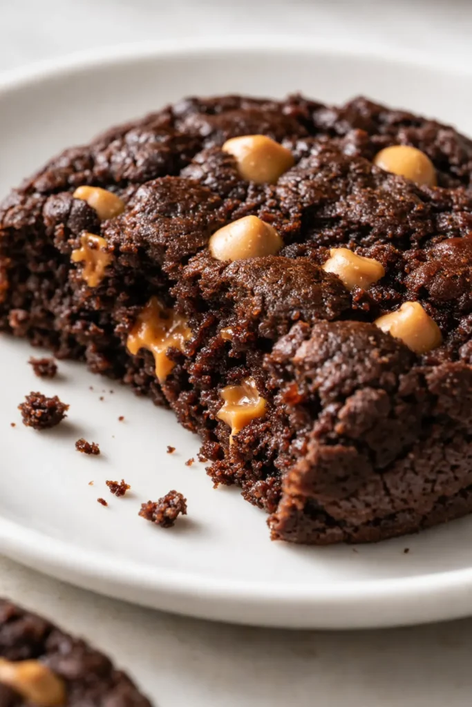 Fudgy chocolate cookies packed with peanut butter chips, showing a glossy top and soft, dense crumb