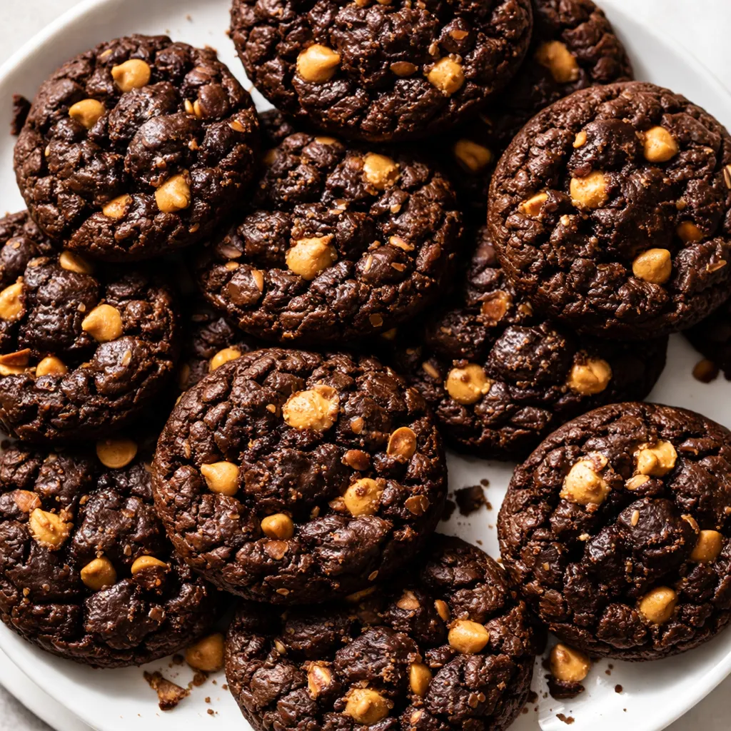 Fudgy dark chocolate cookie dough with peanut butter chips being folded in, showing thick batter and even chip distribution
